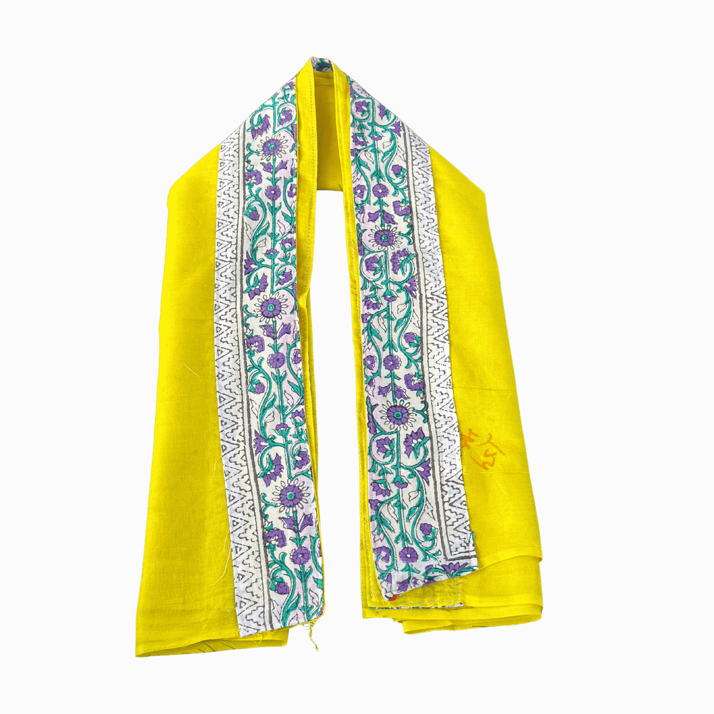 Vibrant Yellow Cotton Uparna with Floral Purple-Green Border