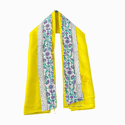 Vibrant Yellow Cotton Uparna with Floral Purple-Green Border
