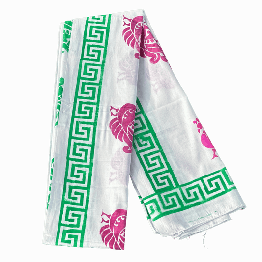 White Gamcha with Pink Elephant and Green Pattern