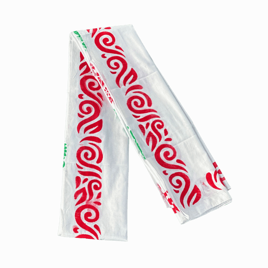 White Gamcha with Red Designs