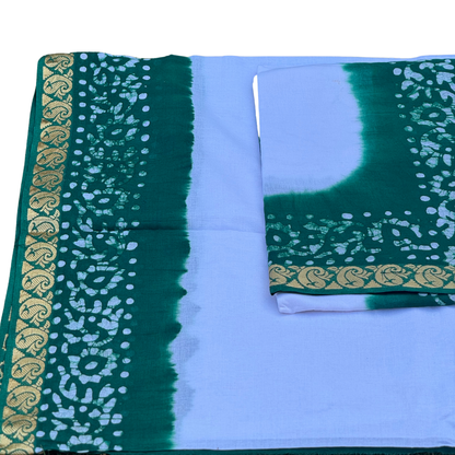 White and Green Dhoti-Uparna Set with Bandhani Pattern