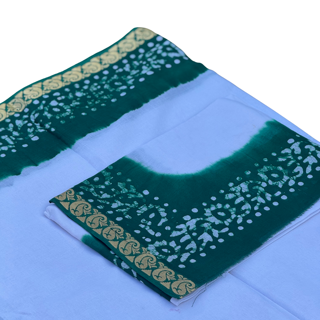 White and Green Dhoti-Uparna Set with Bandhani Pattern
