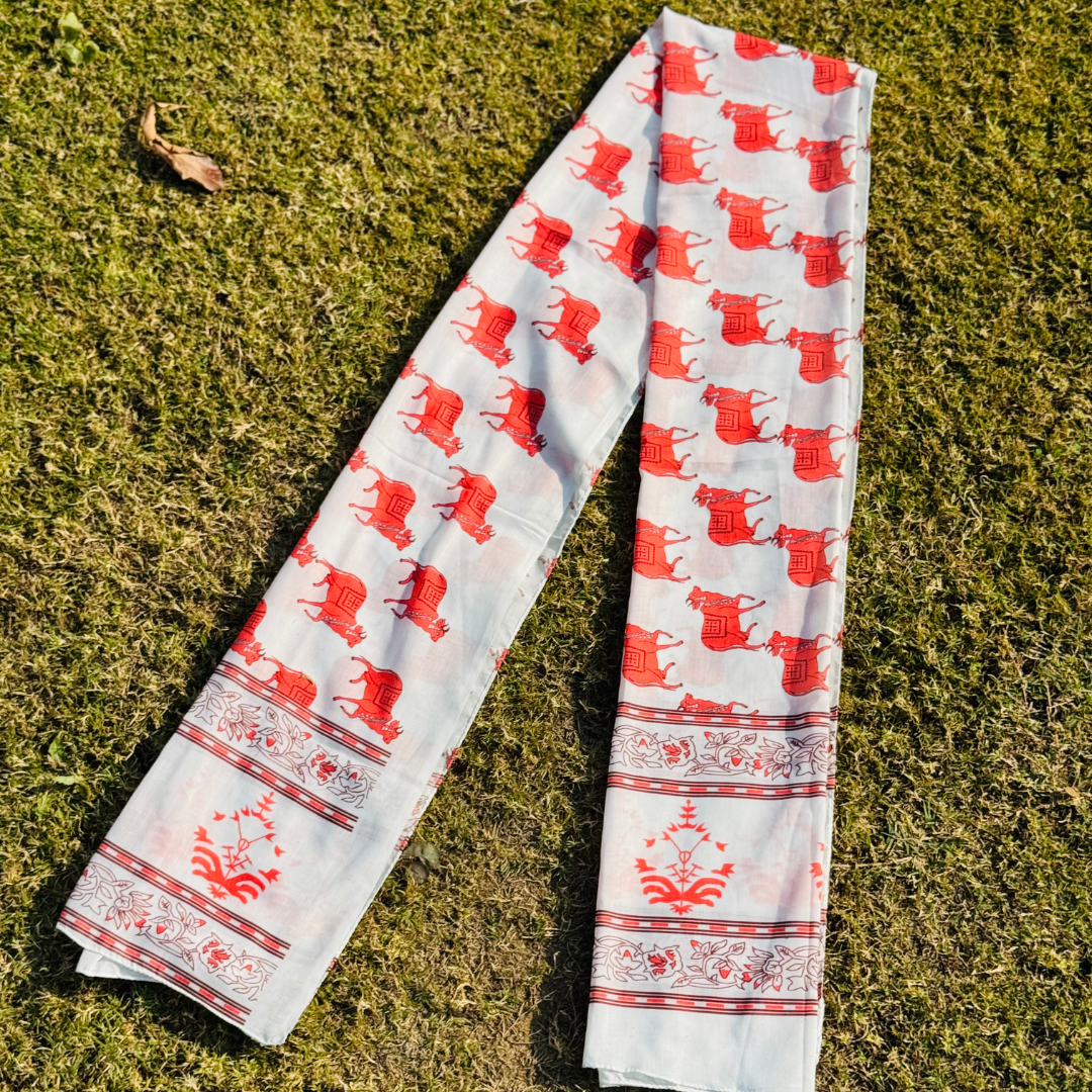 White Cotton Gamcha/Uparna with Red Cow Motif Design