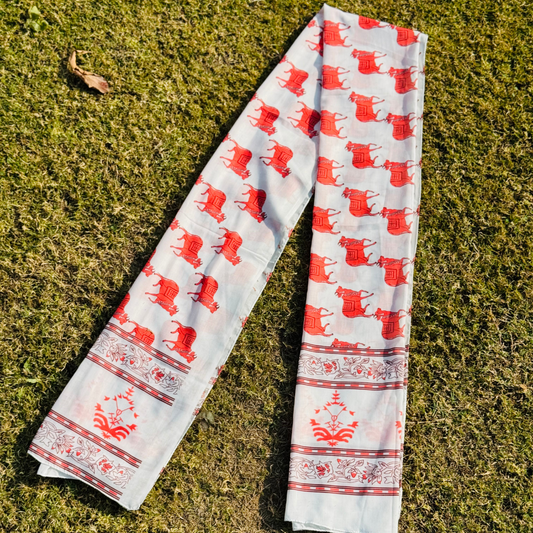 White Cotton Gamcha/Uparna with Red Cow Motif Design