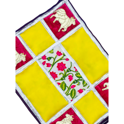 Traditional Cow Motif Cotton Aasan – Pink & Yellow Patchwork