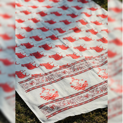 White Cotton Gamcha/Uparna with Red Cow Motif Design