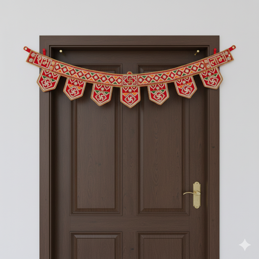 Festive Shubh-Labh Swastik Toran | Red Door Valance | Indian Decorative Bandhanwar