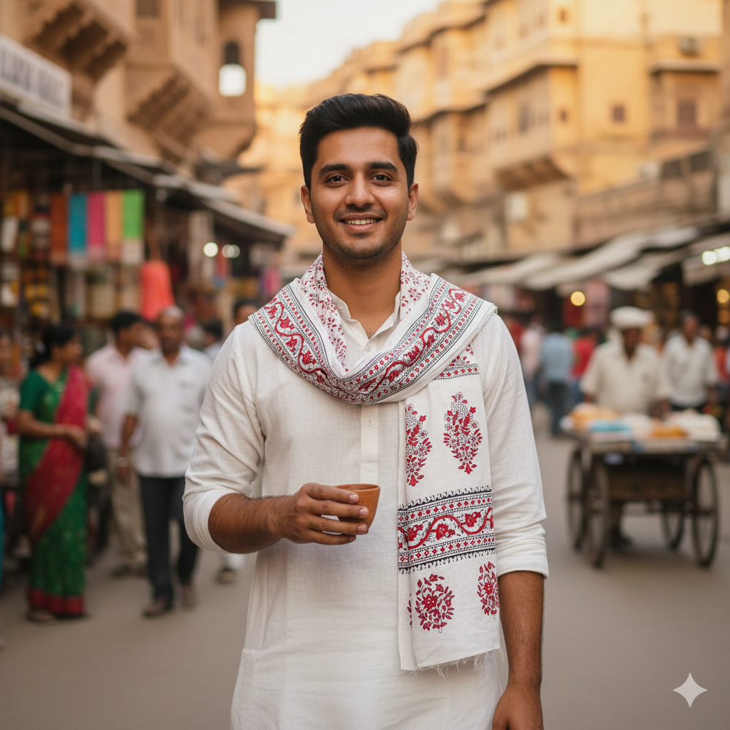 Classic White Cotton Uparna with Red & Black Floral Design