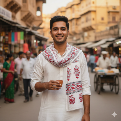 Classic White Cotton Uparna with Red & Black Floral Design